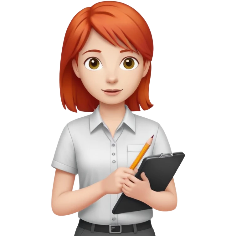 Intern or volunteer with red hair holding a clipboard and pencil, ready to take notes or assist. The character wears a simple shirt and has an eager posture emoji
