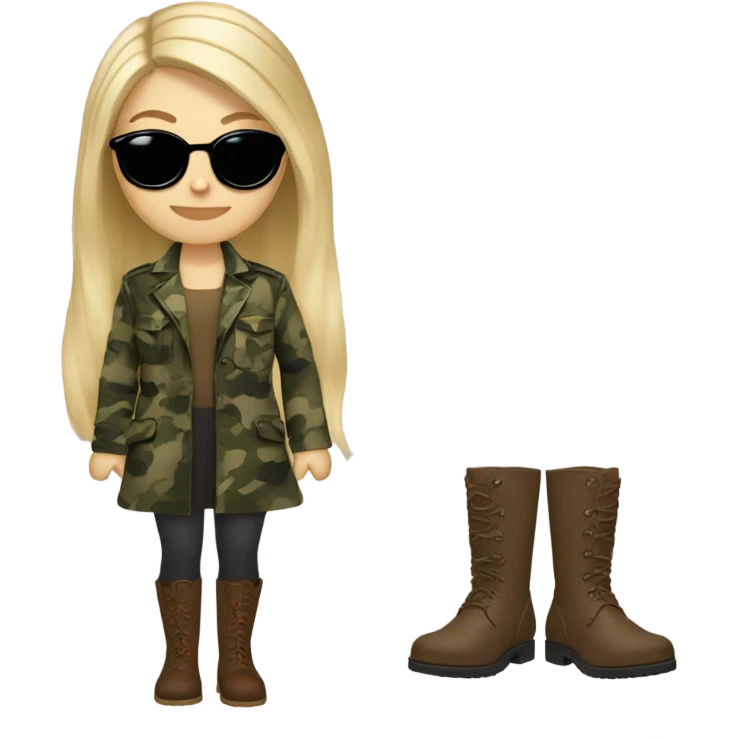 White girl with Long blonde hair and round sunglasses, camouflage Wool oversize blazer, mini dress and Brown leather boots  emoji