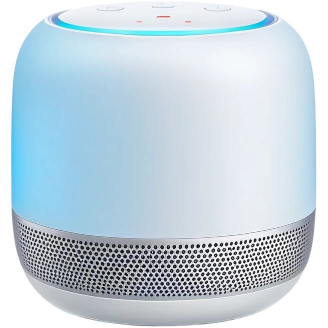Modern Apple-style smart speaker, elegant and minimalist design with soft glow on top emoji