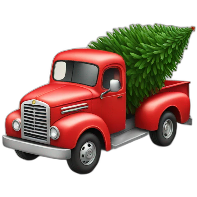 Red truck hauling a christmas tree emoji