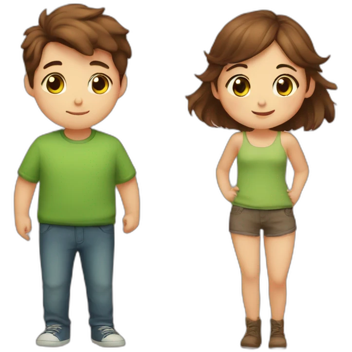 Girl with brown eyes and brown hair kisses boy with brown hair and green eyes and hugs brown fat cats emoji