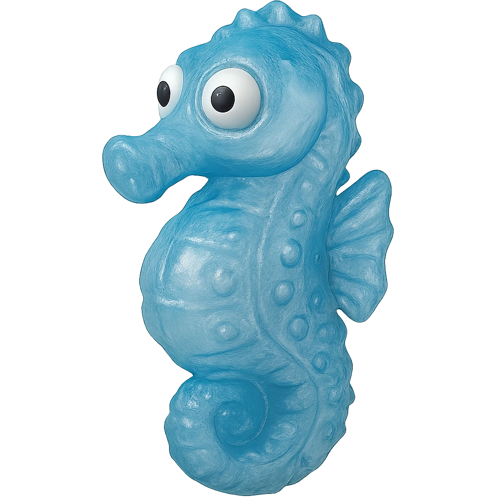 hyper-detailed retro 90's toy style see-through semi-transparent blue plastic seahorse with derpy eyes soft plastic soft reflections soft and squishy some cloudiness not shiny highly detailed appealing no tag no background emoji
