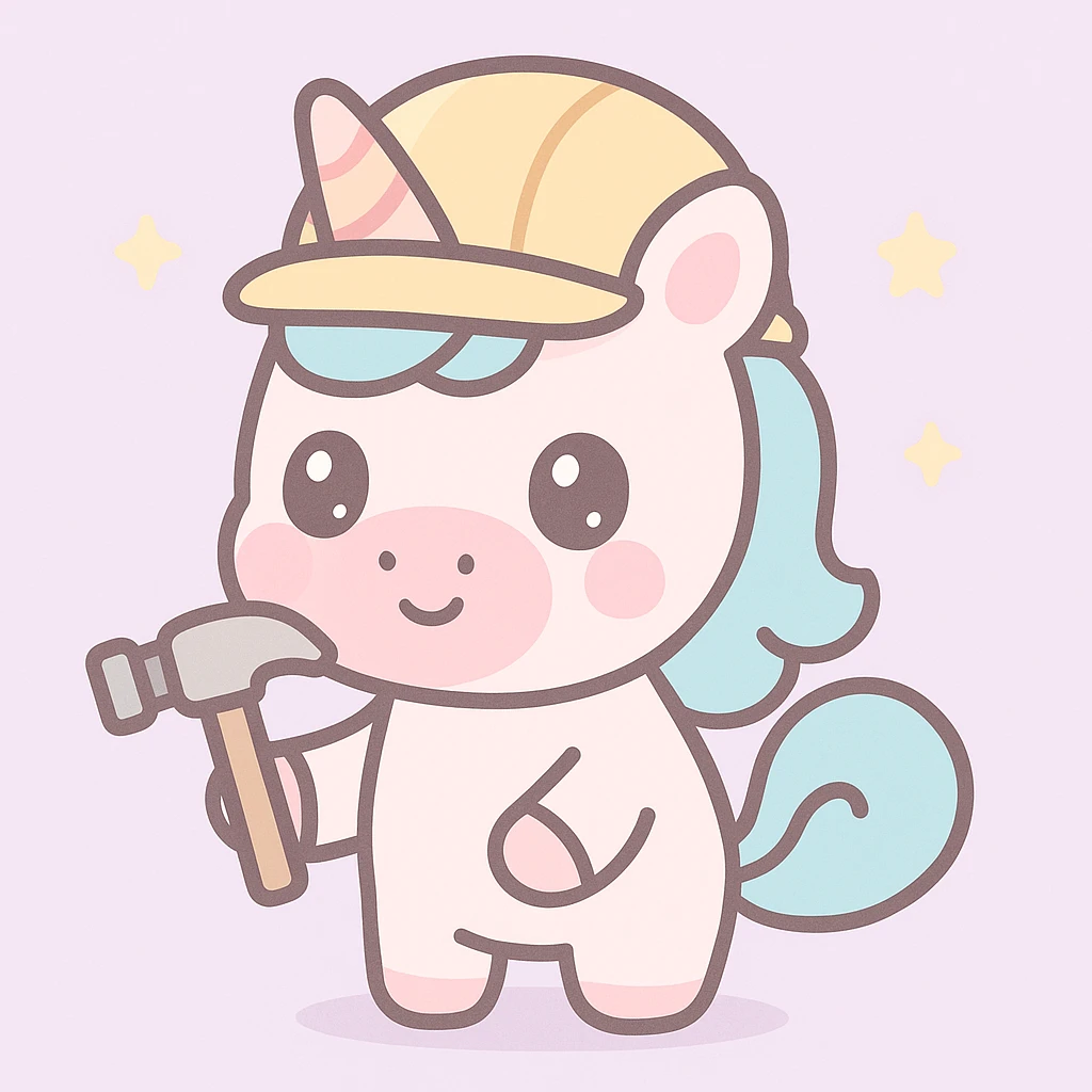unicorn builder, construction worker unicorn wearing a hard hat and holding a hammer, kawaii style emoji
