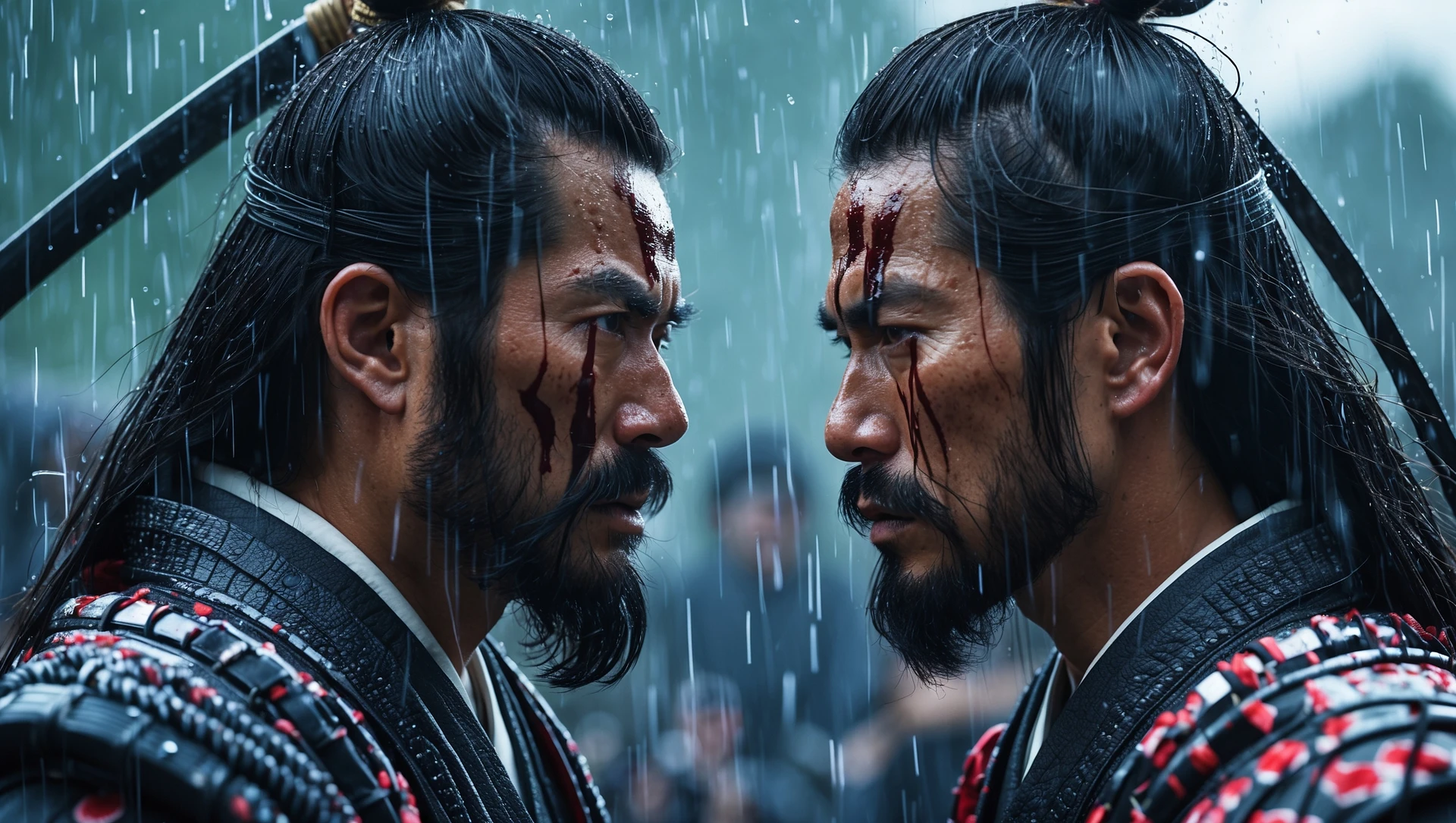 A cinematic scane of a two japan samurai face to face ready to fight during rain, deph composition, tense atmosphere, shot by arri alexa emoji