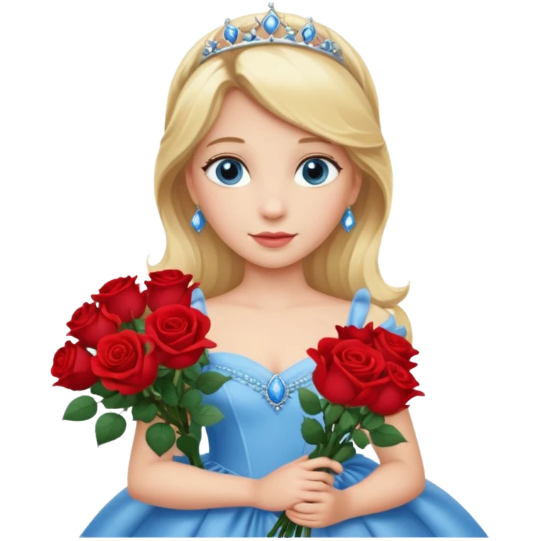Blonde haired, blue eyes princess holding a bouquet of roses wearing a princess gown emoji