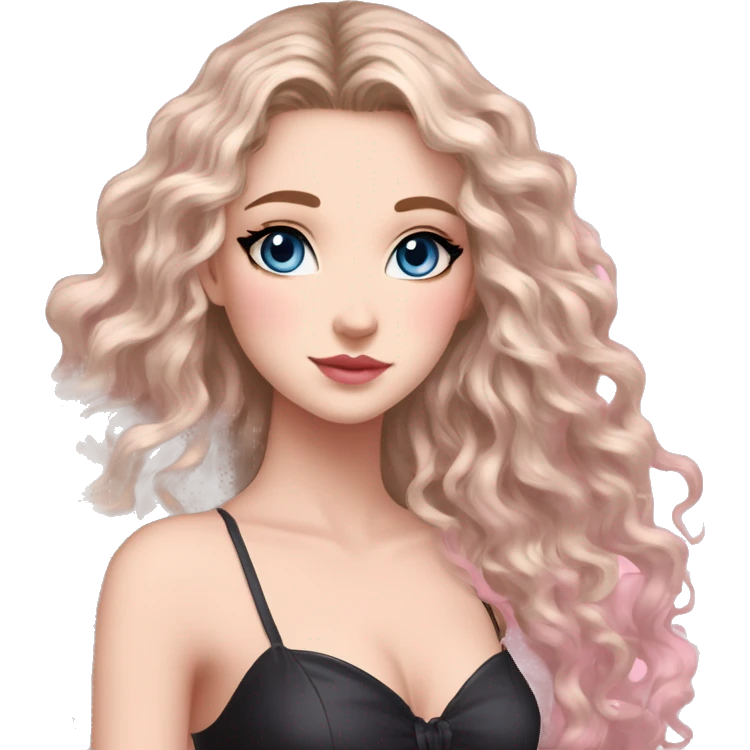 White girl 🧝🏻‍♀️, blue eyes, blond very long curly hair, pink lips, black arrows and brown eyeshadows, pink gradient sexy dress. Background long. Sakura levitate. emoji