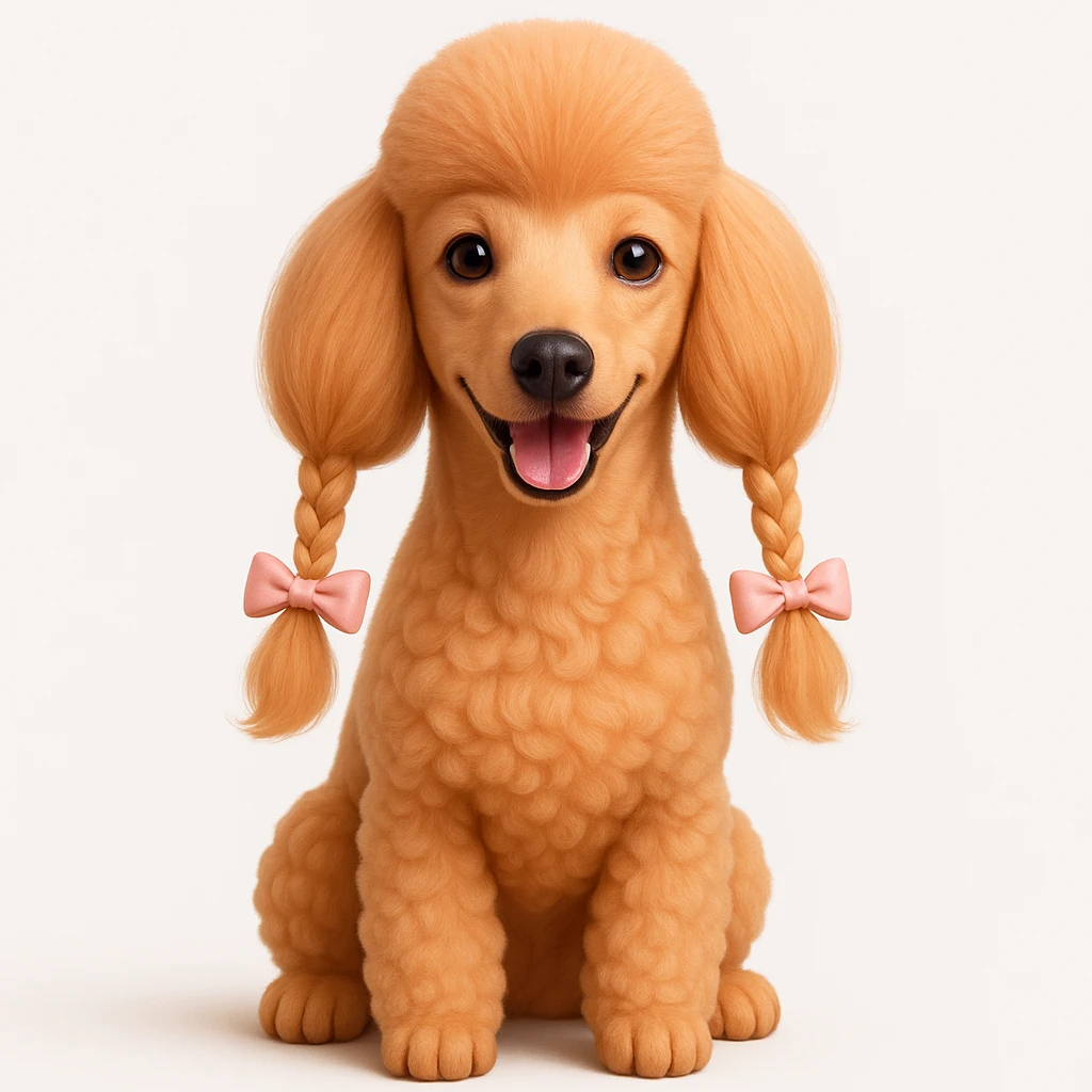 Peach-colored poodle with a narrow, short-haired face, hairstyle like Artemone. Long fluffy ears, each with a thin braid tied with a pink bow at the end. Happy face, smiling. 3D, realistic, alive. emoji