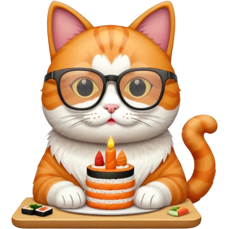 cat with cool square shaped glasses eating a birthday cake made out of sushi emoji