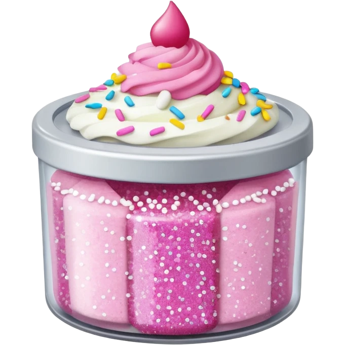 silver glitter in a small clear circular container with white lid, can of sprinkles, and pink cupcakes  emoji