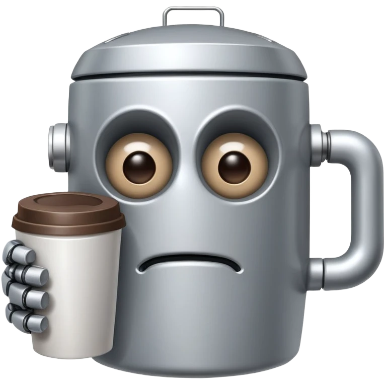 A sleepy robot with droopy eyes holding a coffee mug, looking exhausted emoji