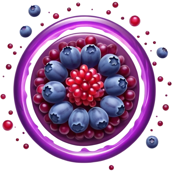 Blueberries, pomegranate, purple grapes, and dark chocolate floating in a bright purple vortex. A glowing shield surrounds cells, dissolving dark shadow particles representing free radicals. The protective light extends throughout the body, showing antioxidants' protective effects. emoji