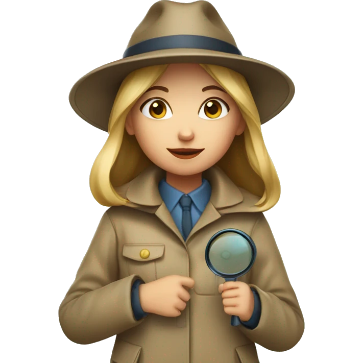 girl in a detective costume, in a raincoat, with a hat and a magnifying glass in her hands emoji