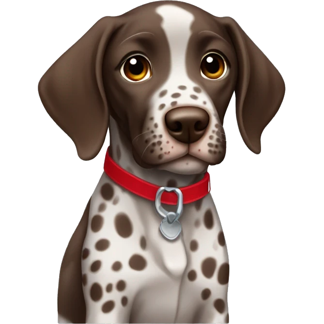 Brown spotted German short haired pointer puppy with ticking with red collar  emoji