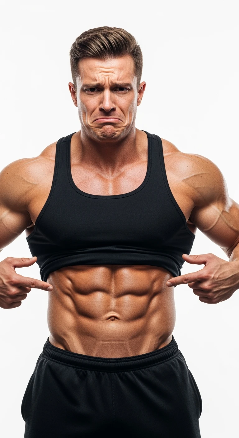 BODYBUILDER CHE SI INDICA I FIANCHI CON ESPRESSIONE AFFLITTA, ISOLATO SU SFONDO BIANCO, IPERREALISTICI 4K emoji