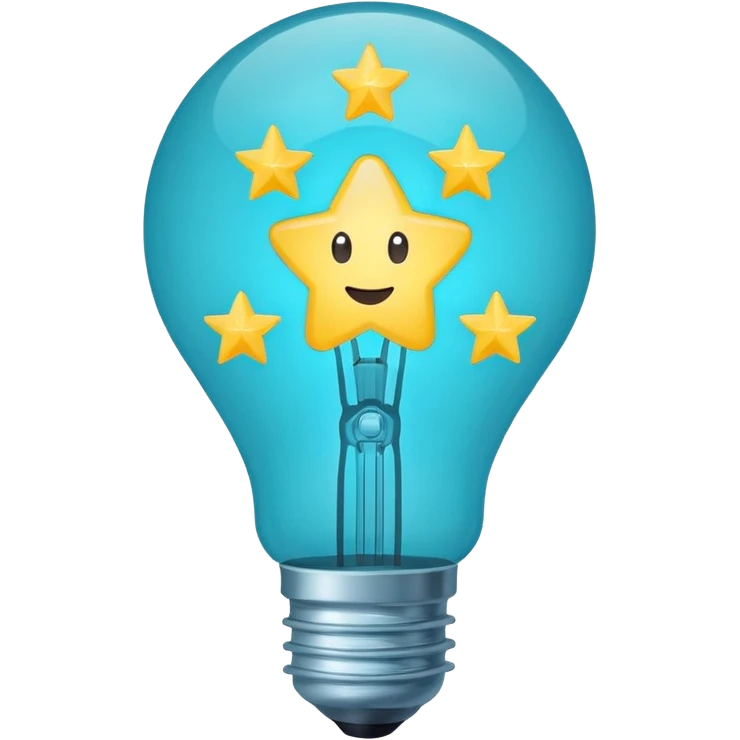 Light bulb icon with three small stars inside the bulb, flat emoji style, outline with blue and turquoise colors, white background emoji