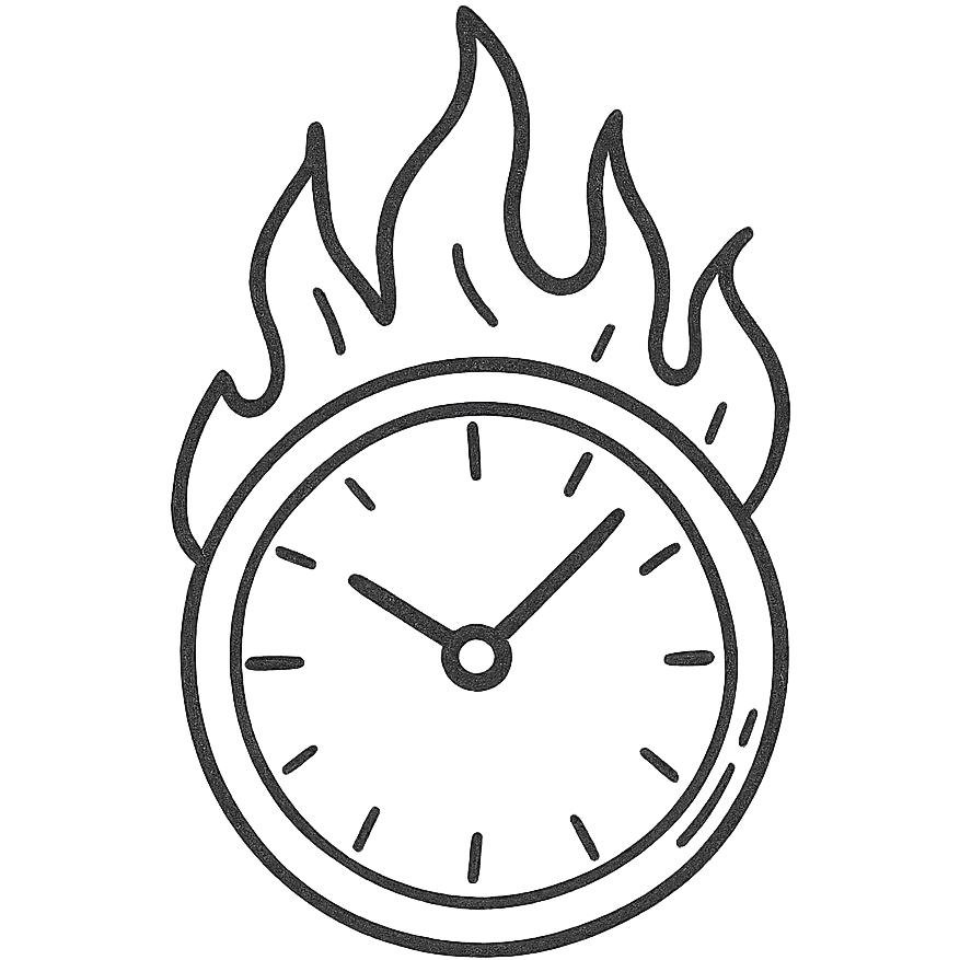 minimal hand-drawn outlined icon of a burning round clock with vivid flames, no fill emoji