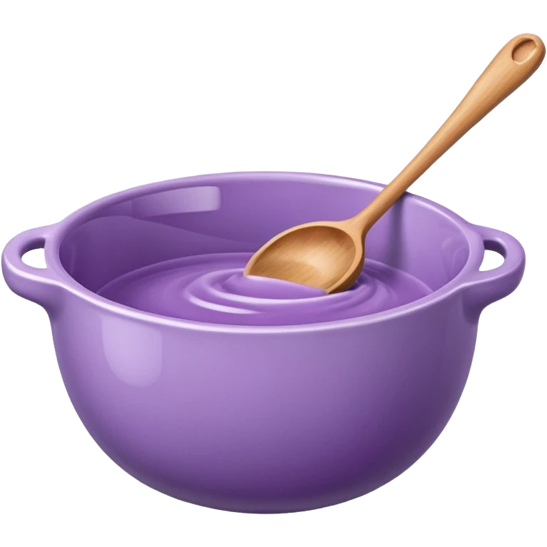 a lilac ceramic mixing bowl with a wooden spoon stirring emoji