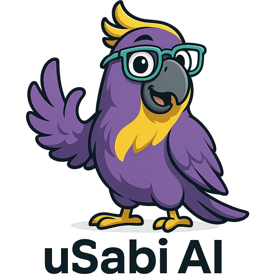 Nigerian parrot mascot for 'uSabi AI' with vibrant purple and yellow feathers, friendly tech-inspired expression, playful pose, modern and approachable style suitable for a tech brand emoji