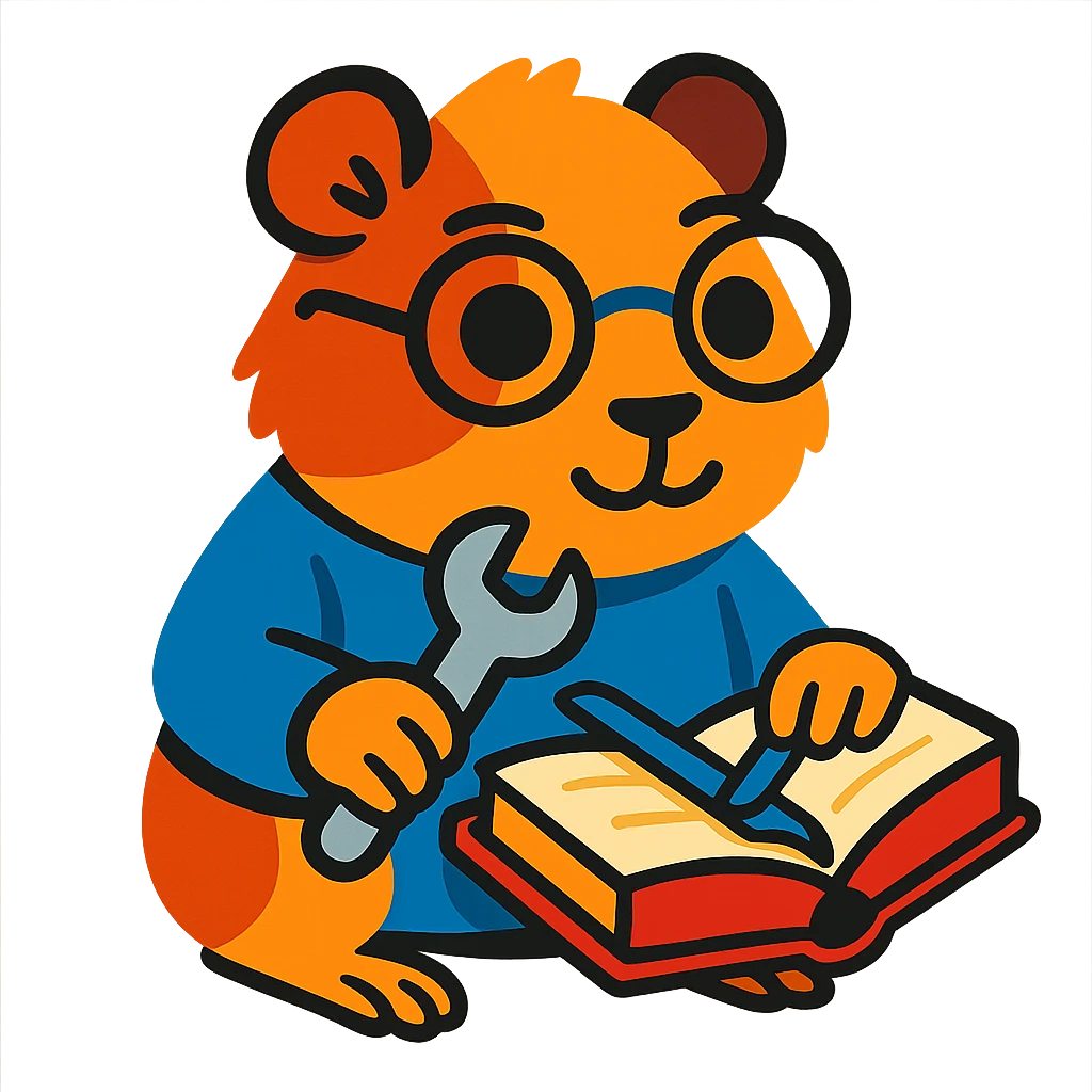 studious guinea pig with glasses, holding a wrench and fixing a book, vibrant toon style emoji