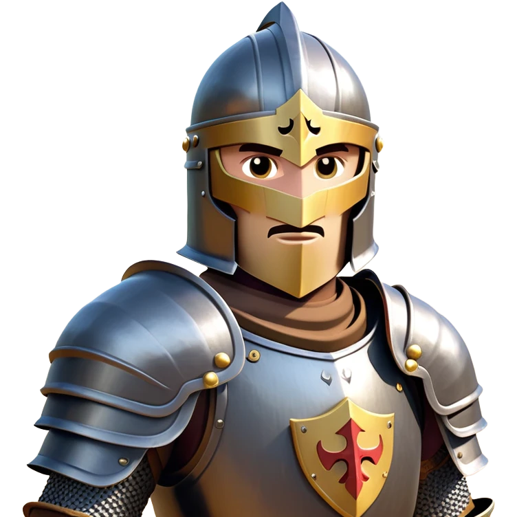 clash-of-clans-aesthetic_-cinematic-fearsome-and-majestic-knight-bust-portrait-emoji, rendered in a flat, vector-style with minimal shading and bold, simplified shapes, depicting a battle-ready medieval knight with steely eyes and intricate armor, mounted on a warhorse reflecting sunlight over a misty battlefield. emoji