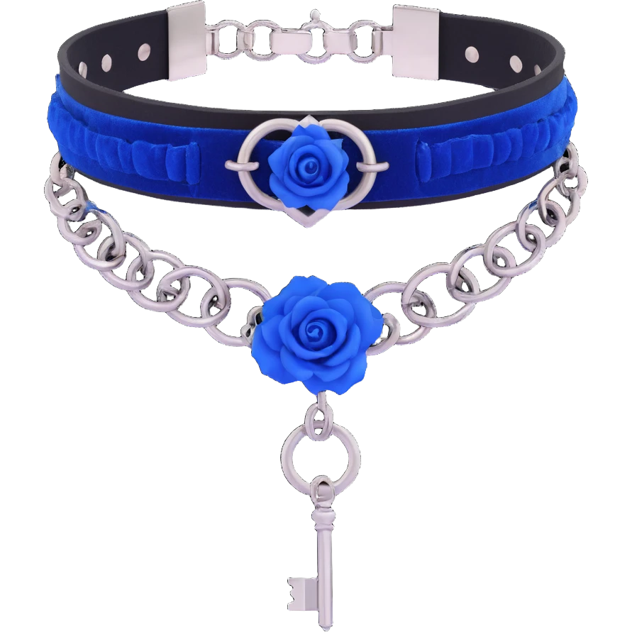 gothic choker with cobalt blue velvet band, silver chained lock, blue rose accent, rich and gothic emoji