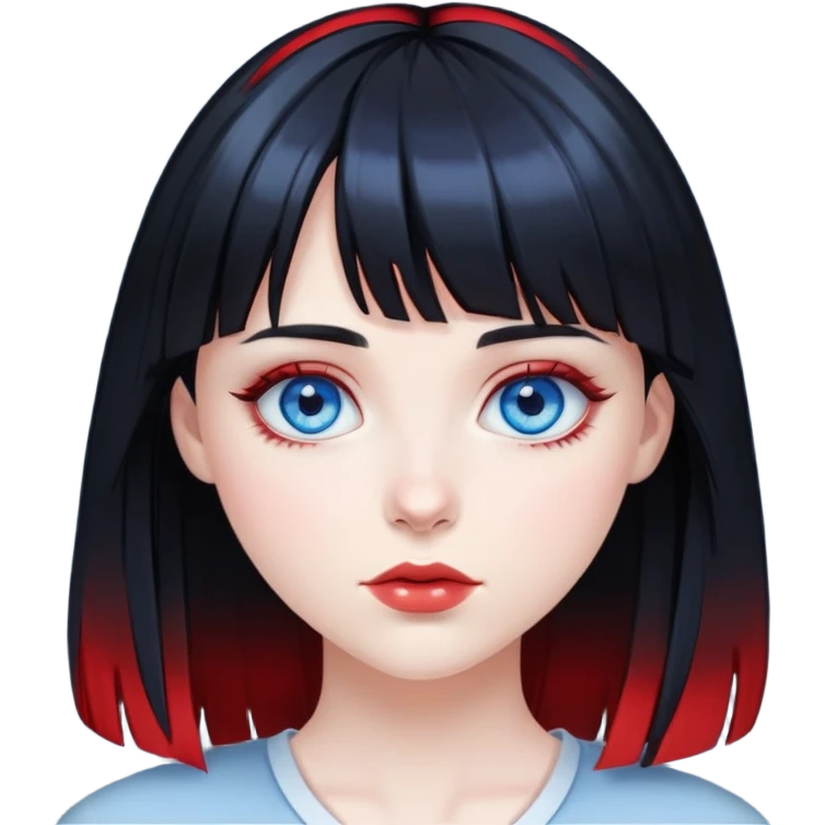 Pale girl with blue eyes, black hair with red highlights and bangs emoji