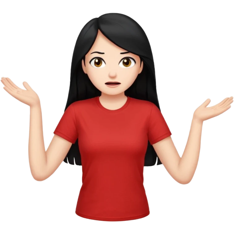 빨간색 티셔츠를 입고 긴 검정머리를 가진 여성이 모르겠다는 듯이 어깨를 올리고 고개를 살짝 왼쪽으로하고  제스처를 하고있음 🤷🏻‍♀️ emoji