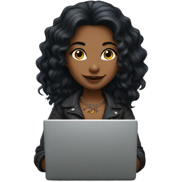 beautiful girl with tattoos, with long black hair, wavy hair, with big laptop emoji