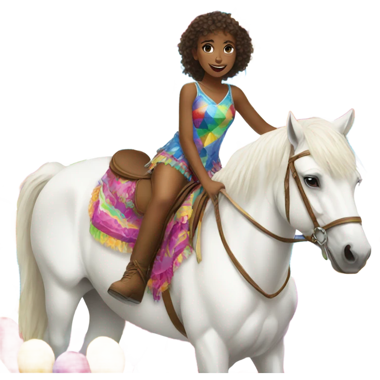 Girl riding a white horse with party clothes emoji