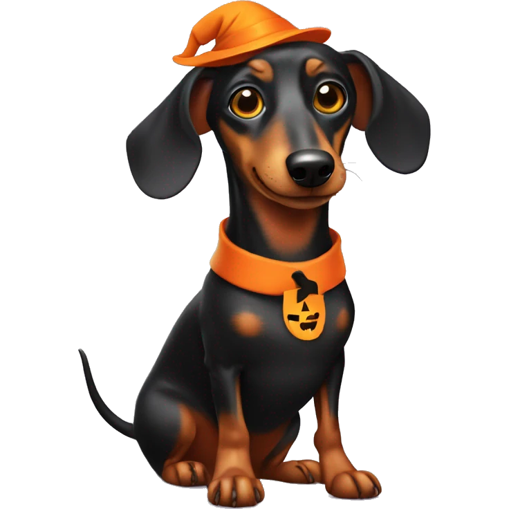 long dachshund dog dressed for Halloween known as a Halloweenie emoji
