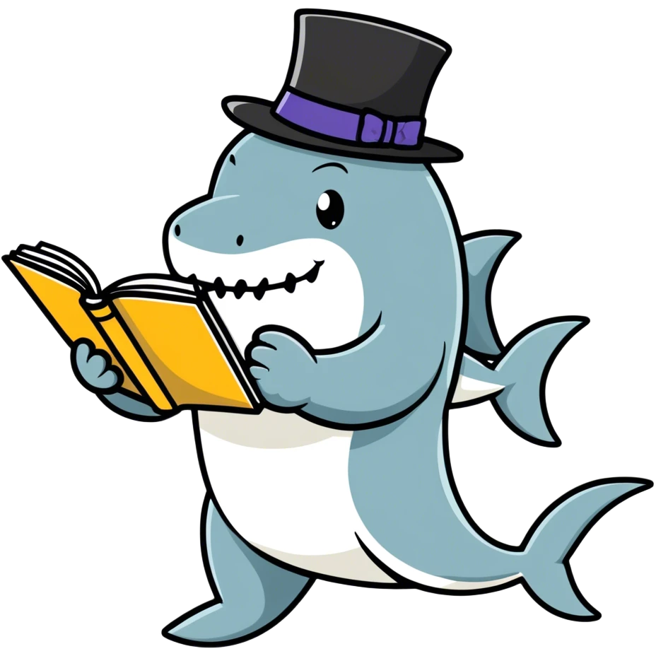 powerful Shark  with a top hat and doing study emoji