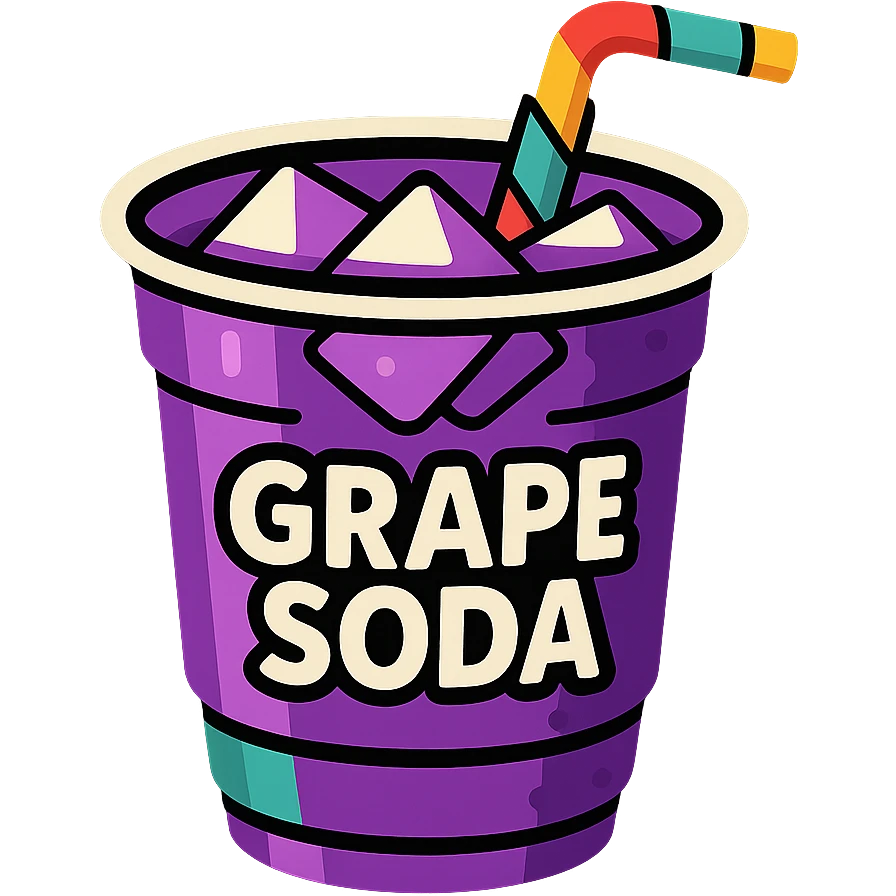 Place the cup of grape soda with a purple hue, ice cubes, and a fun straw on a solid black background, keep the TikTok-inspired vibrant cartoon style. emoji
