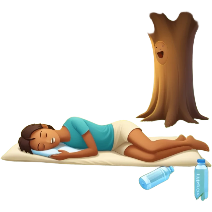 A glowing person stands in morning sunlight, breathing deeply on fresh grass. At their feet: a plate of whole foods, a water bottle, and supplements. Nearby, friends laugh under a tree, and a cozy bed glows in the background—symbolizing sleep, movement, nutrients, connection, and light. emoji