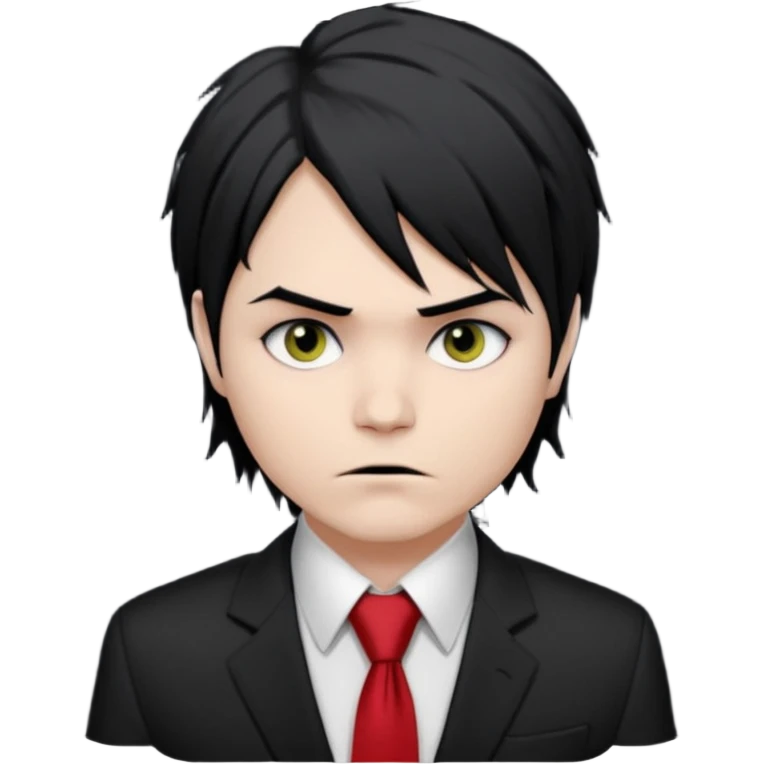 Gerard Way (Revenge Era)
Round, simplified emoji style
Pale skin tone
Jet-black, shoulder-length hair messy and emo
Heavy eyeliner and slight red shadow under the eyes
Subtle serious
Hint of red tie visible on black button up shirt.
Transparent background. Black eyeliner. Messy emo hair emoji