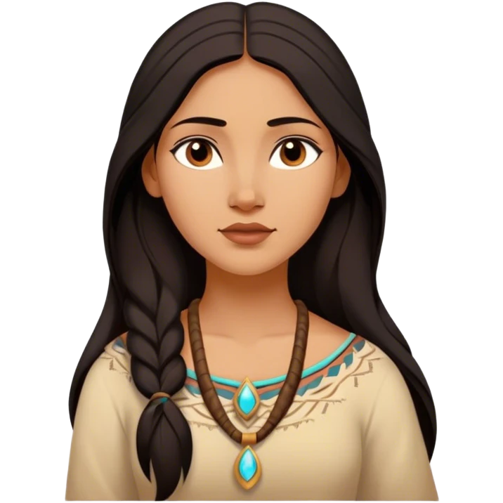 Cinematic Serene Pocahontas Portrait Emoji, rendered in a realistic, simplified vector style. Depict a gentle Pocahontas (chest and above) with warm, glowing skin, loosely flowing dark hair, and a calm, reflective expression, wearing modest traditional attire in earthy hues. The image is bathed in a soft, inviting glow with high shine and a soft glowing outline. emoji