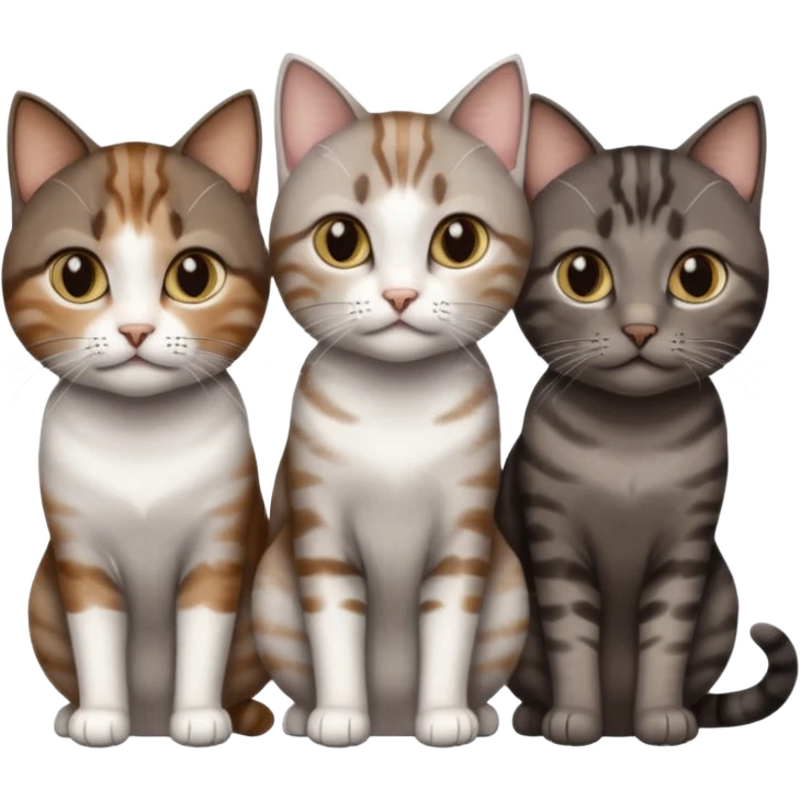 3 different coloured short haired cats including; a dark brown tabby and white cat, and a dark grey and white  emoji