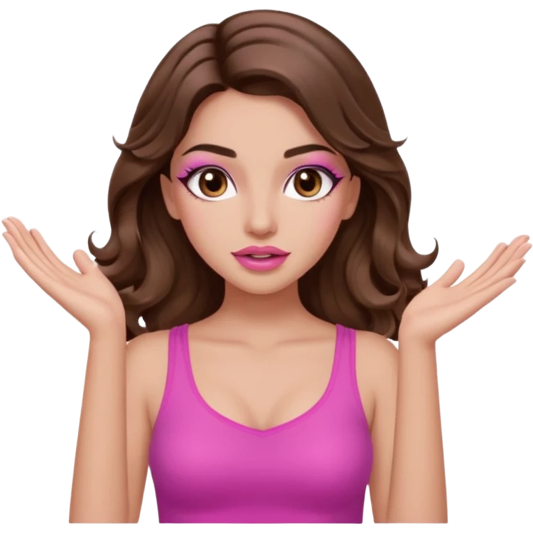 girl with long wavy brown hair, brown eyes, long lashes makeup, sexy pink lips, light to medium complexion, pink sexy top, two hands up, shrugging emoji