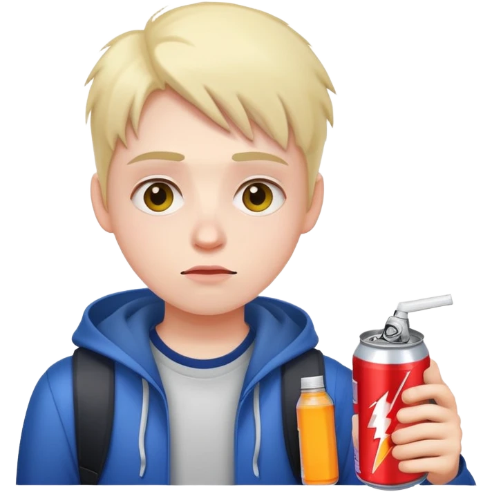 student holding energy drink can, tired face emoji