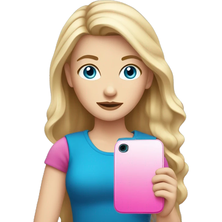 a white girl with blue eyes and dark blonde holding a pink cell phone emoji