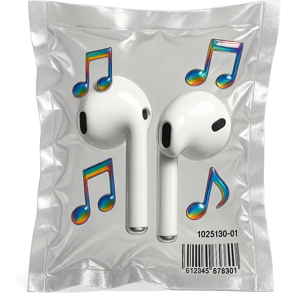 white EarPods headphones with three small rainbow glass music notes arranged around, glossy emoji
