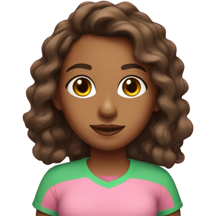 brown girl with below shoulder length hair with loose curls  wearing pink t-shirt with green trim  emoji