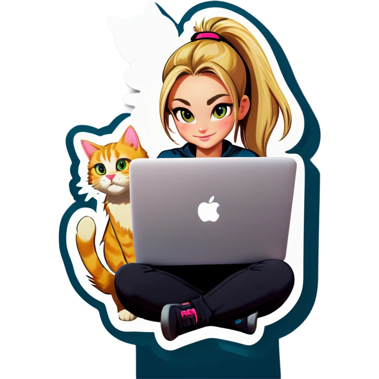 Blonde girl ponytail macBook and a cat emoji