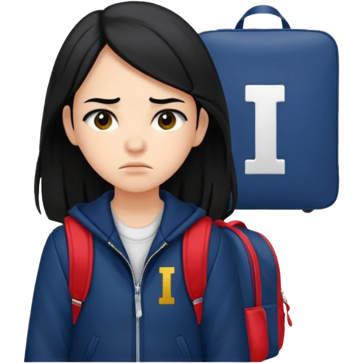 college student with annoyed face , black hair , with navy varsity jacket( initial I) and backpack , girl, long hair,  emoji
