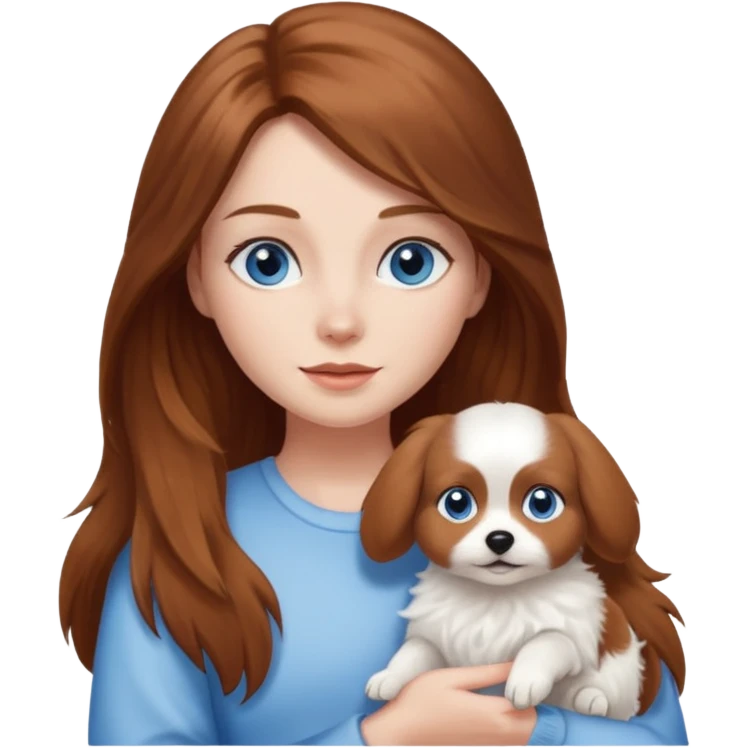 long hair chestnut color blue eyes woman holding small just white dog emoji