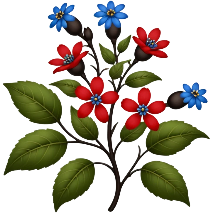 dull green leaves & red & blue flowers filigree design & small fruits& ebony branches, extremely detailed, complex design emoji