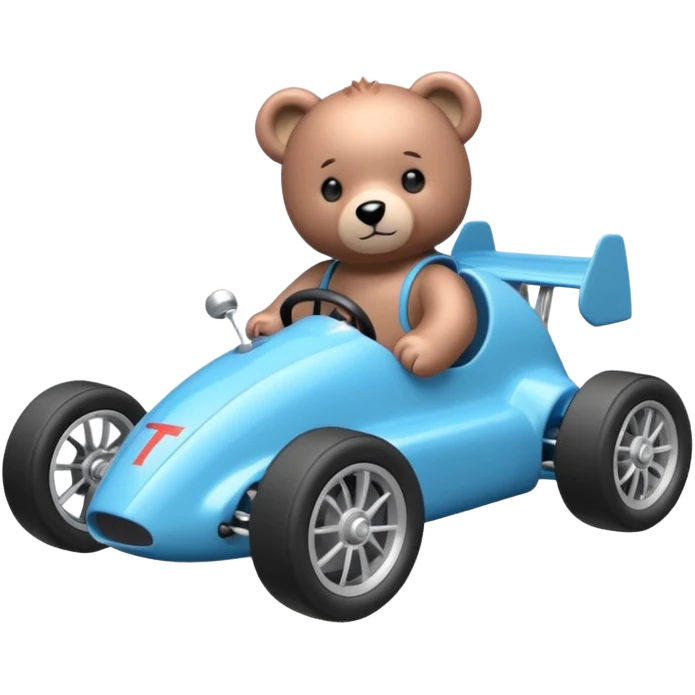 dar crystal blue and rosegold-accented rc racing car driven by a small cute teddy business bear with rear spoiler, roll bar, and wheely bar emoji