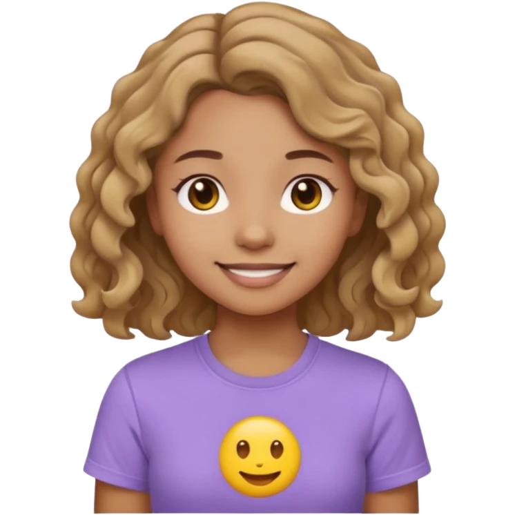 a girl with light brown skin tone, 2b wavy hair, wearing a lavender t-shirt, emoji style emoji