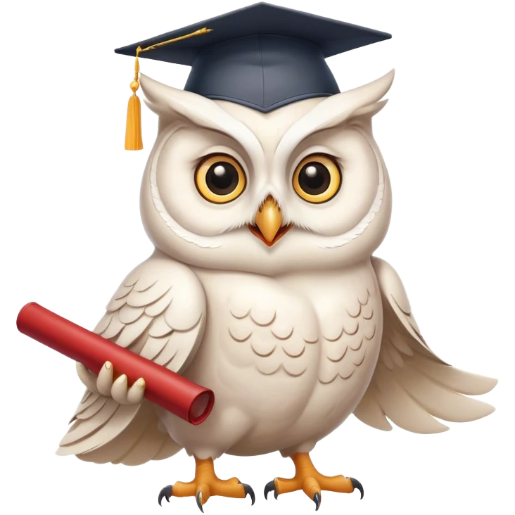 happy white Owl with graduation hat and diploma in claws emoji