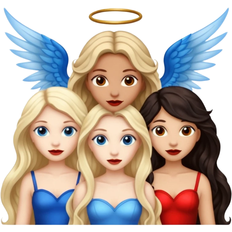 Three women as devil fairies , brown eyed light skin with dark blonde long hair and Brown eyed light skin black long wavy hair and blue eyed light skin long blonde hair with wings emoji