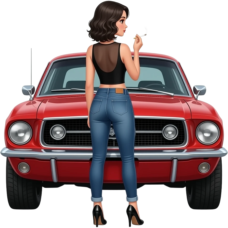 Pale girl with black wavy hair and brown eyes backed from behind in front of a red ford mustang 1968 coupe. Girl wearing a sheer black sleeveless top, low rounded neckline, jeans and heels with visible toes. smoking cigarette. emoji